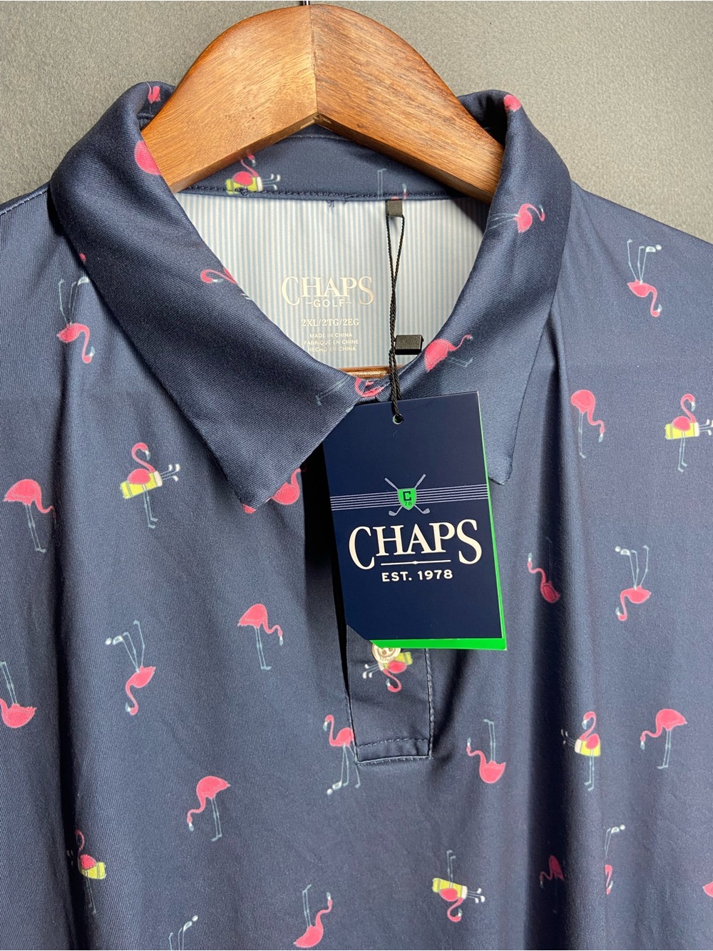 Chaps Navy Polo with Pink Flamingo Print